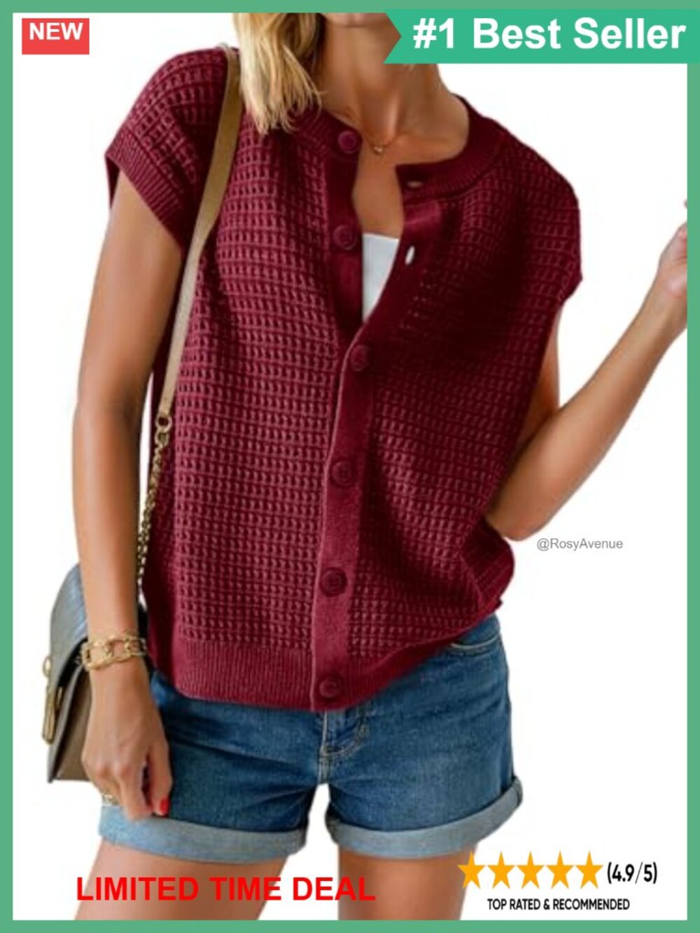 Womens Crochet Button Down Sweater Vest Cap Sleeve Crew Neck Knit Cardigan